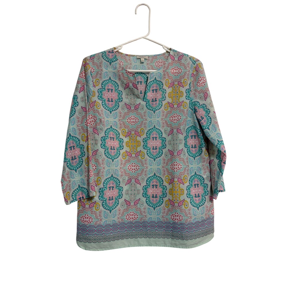 Talbots Tunic Top Paisley Medallion Mint Green Pink 3/4 Sleeve MP Boho Coastal